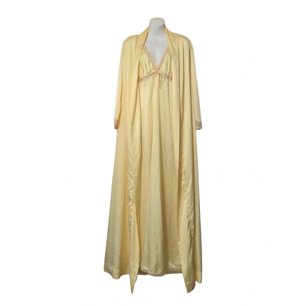 Christian Dior Vintage 60s-70s Yellow Lace Trim Satin Peignoir Set Sz M